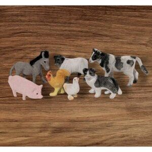 7 Farm Animals Flocked Toys Figures Fuzzy Figurines Cow Dog Sheep Felt Set Vtg